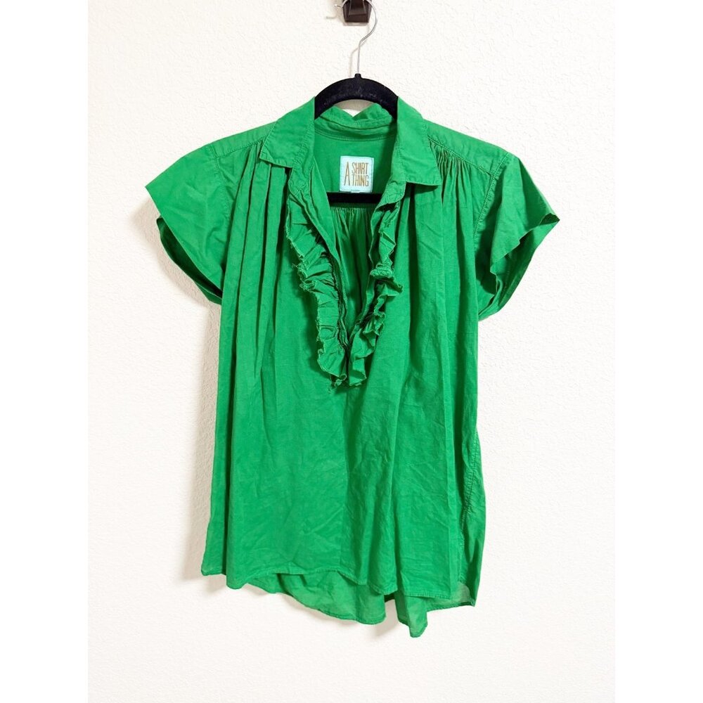 A Shirt Thing Womens Logan Cabo Blouse Cap Sleeve Ruffle Front Kelly Green Small